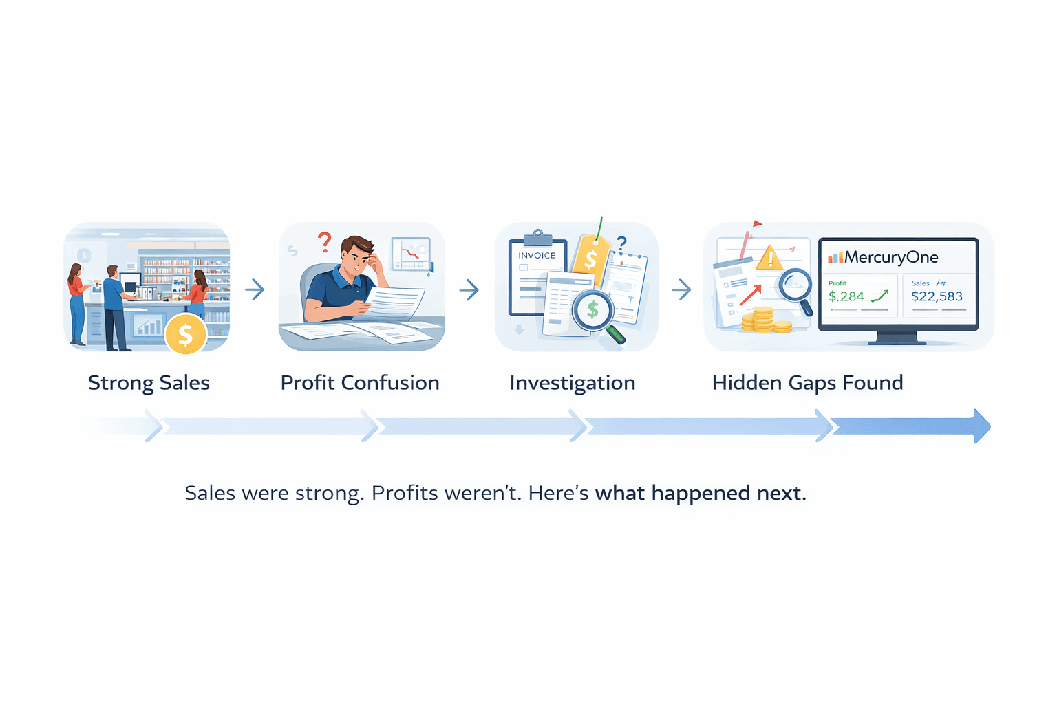 Workflow diagram showing how strong convenience store sales led to profit confusion and how MercuryOne restored margin clarity.