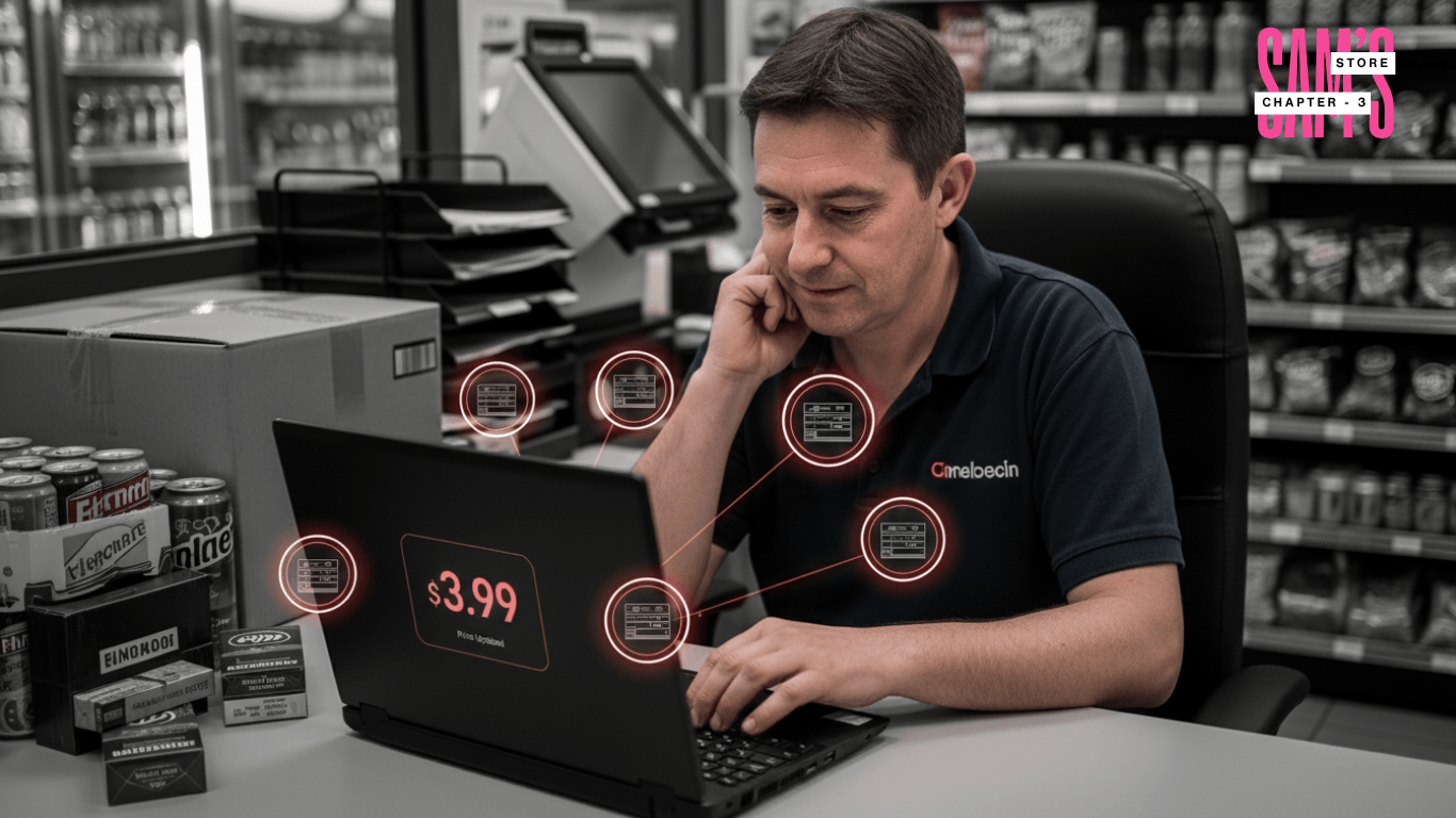 Convenience store pricing control across multiple locations showing real-time price updates and margin optimization dashboard