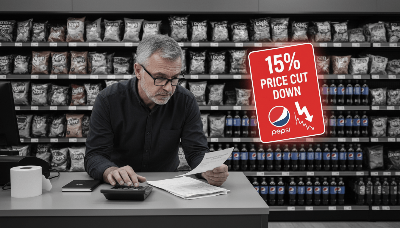 Convenience store owner reviewing invoices and using a calculator behind the counter with shelves of Pepsi beverages and snack brands like Lay’s and Doritos in the background.